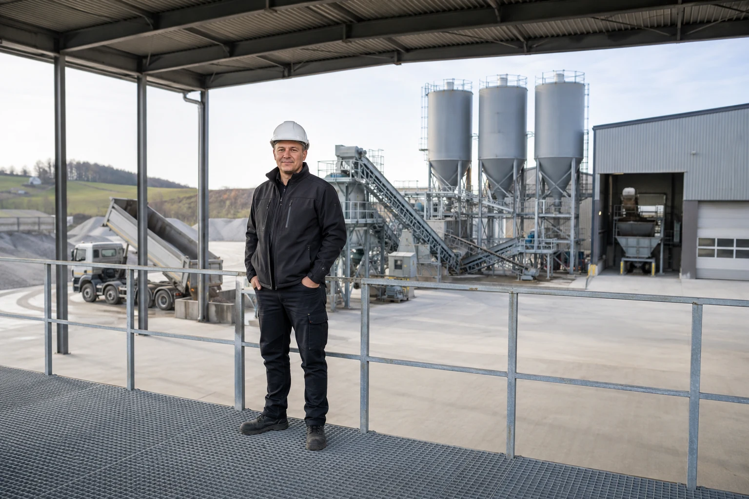 Geschäftsführer vor einem Schotterunternehmen mit Aufbereitung und Silos